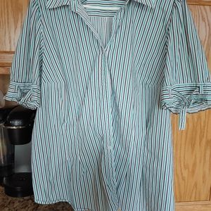 Black, teal and white stripped button down
